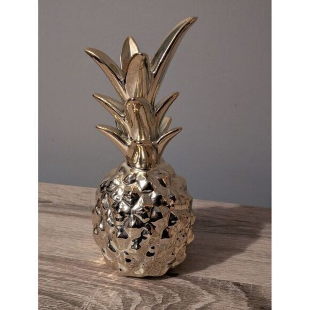 8" Pineapple Ceramic Figurine Statue Shiny Gold‎ Tropical Island Cottagecore
